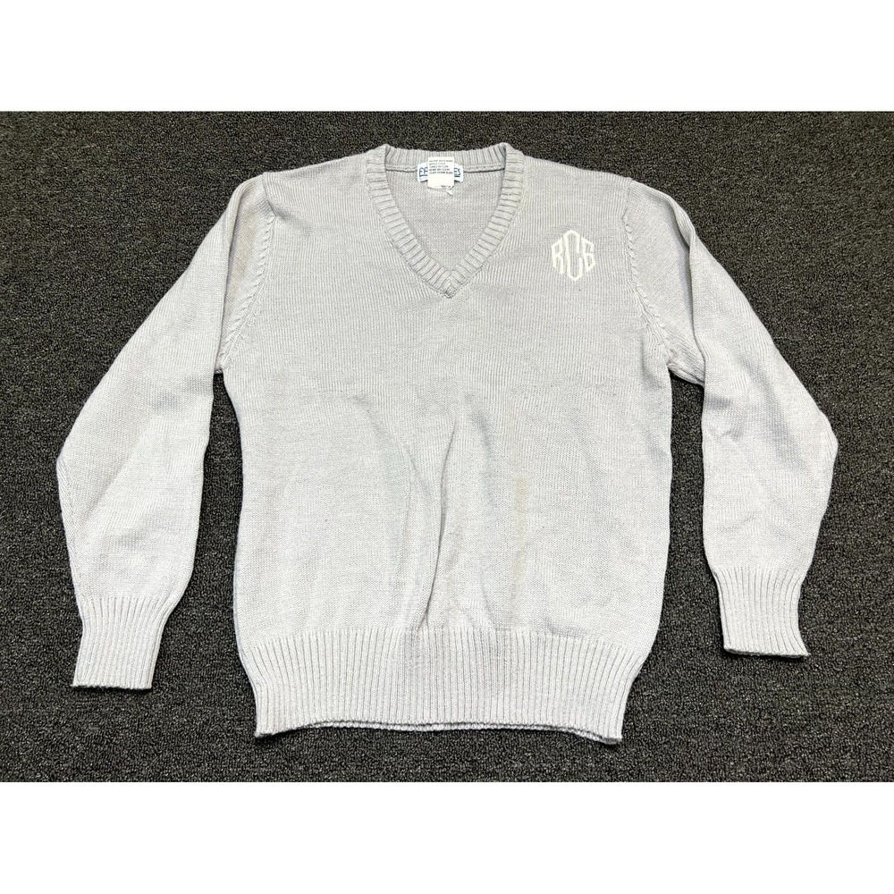 Favorites Sweater Women's L Gray Embroidered Tight Knitted Ribbed Hem V Neck